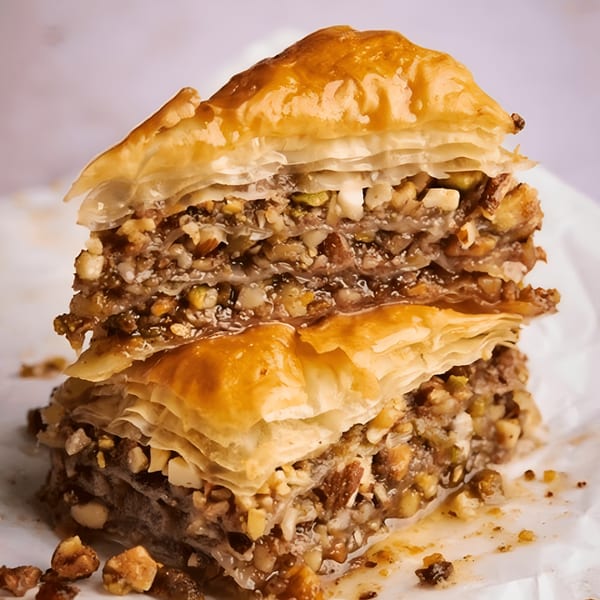 Close-up of a golden, flaky baklava pastry with visible layers of nuts and syrup.